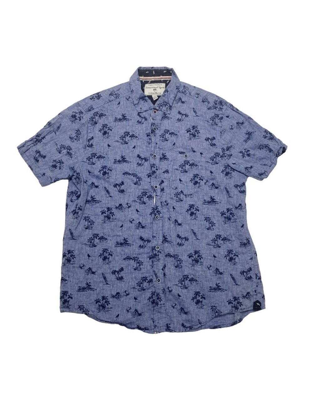 International Report Linen Blend Shirt Men's L Blue Palm Trees Sharks Hawaiian